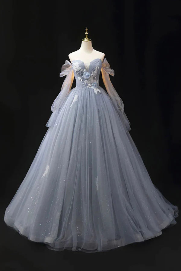 Wholesale Gray Blue Tulle Floor Length Prom Dress Elegant Long Sleeve Formal Evening Dress